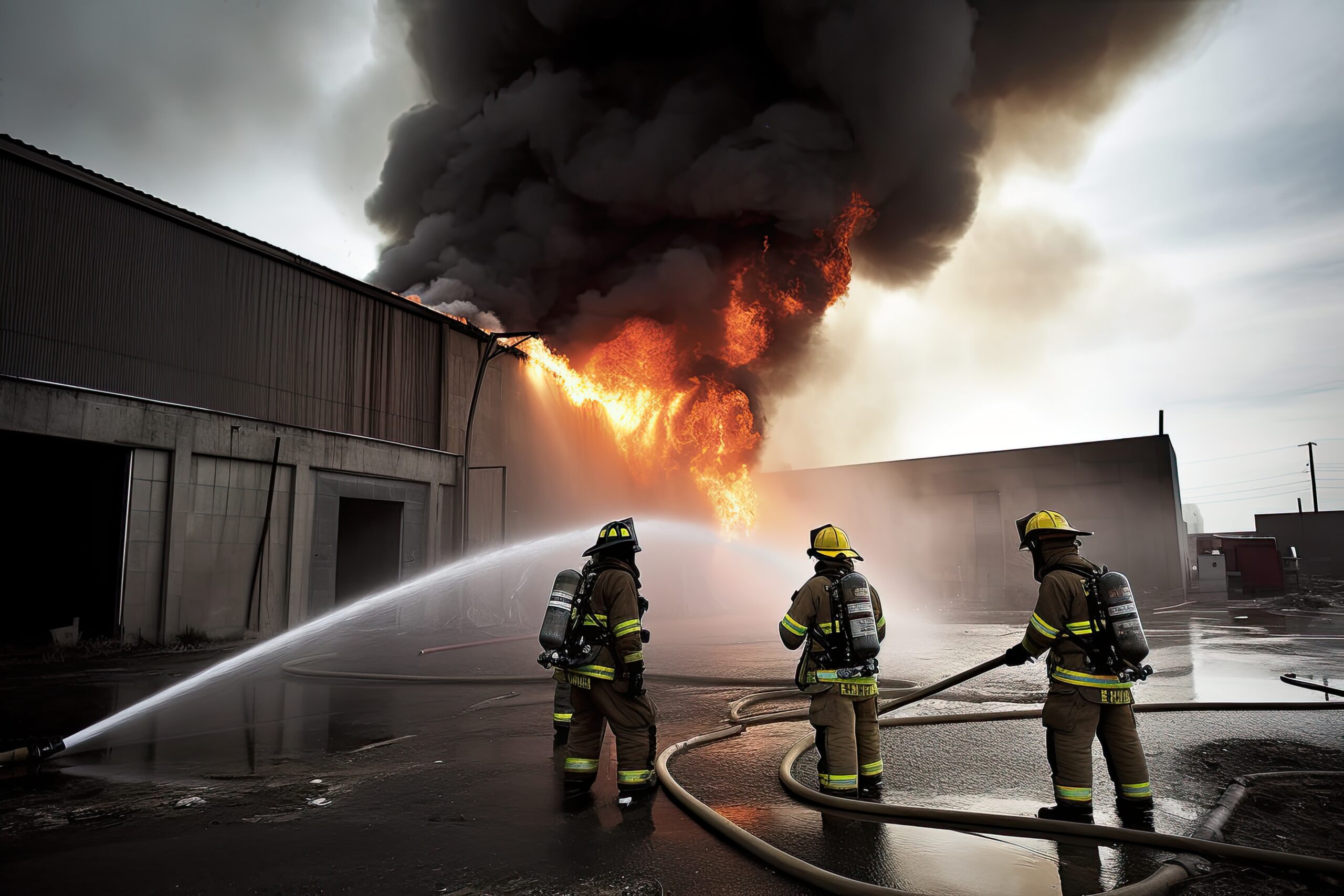 Firefighters hosing big fire on underinsured warehouse.