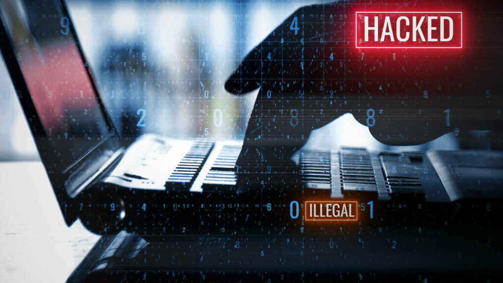 Dark hand hacking laptop with binary code. Malware and phishing concept. Double exposure