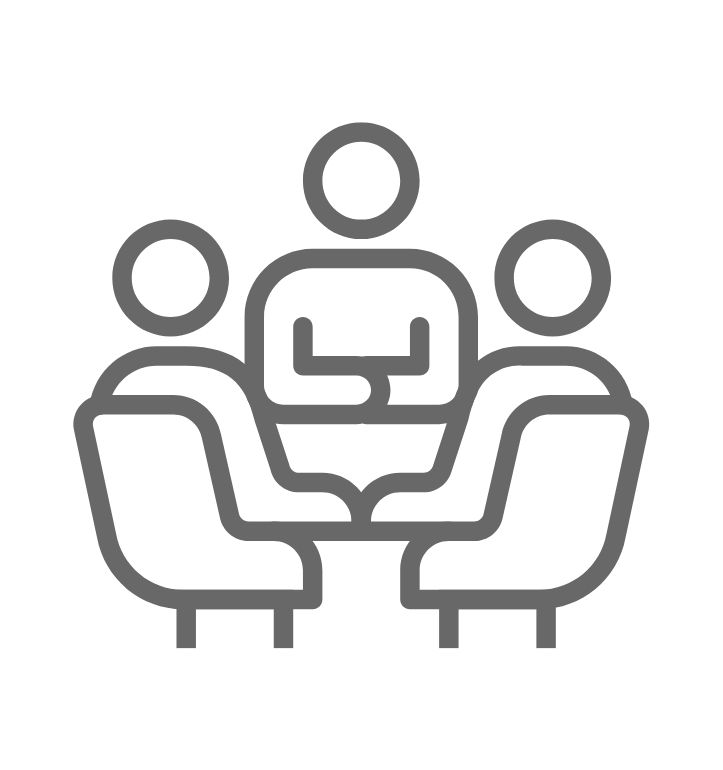 Clear Insurance Fact Finder Icon. People sitting discussing their company operations.