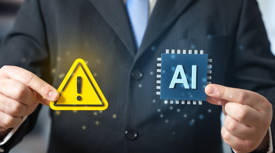 Business professional holding a yellow warning sign and blue AI microchip, representing artificial intelligence risks Clear Insuracne
