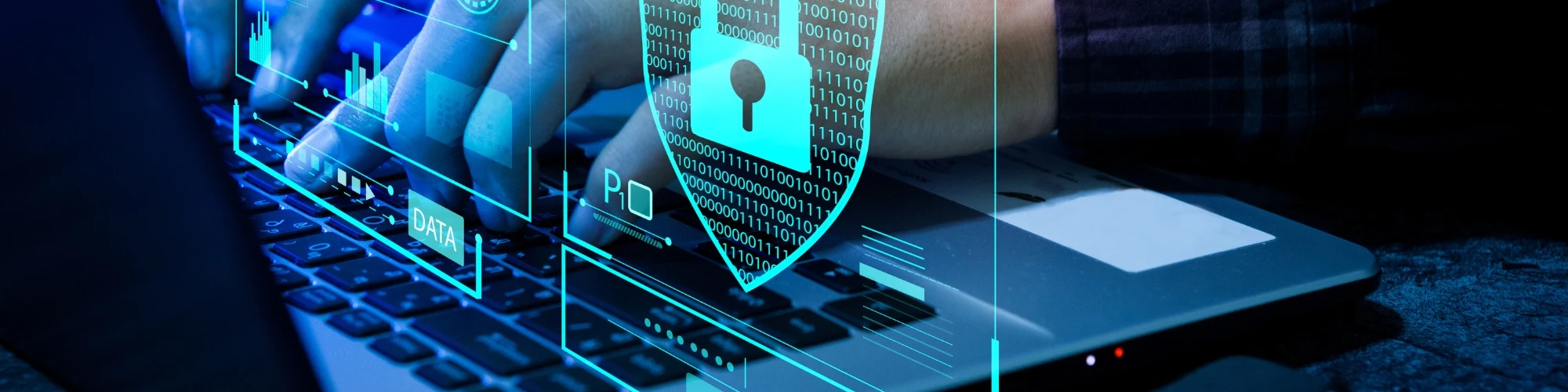 Cyber Insurance hands on keyboard and security symbols